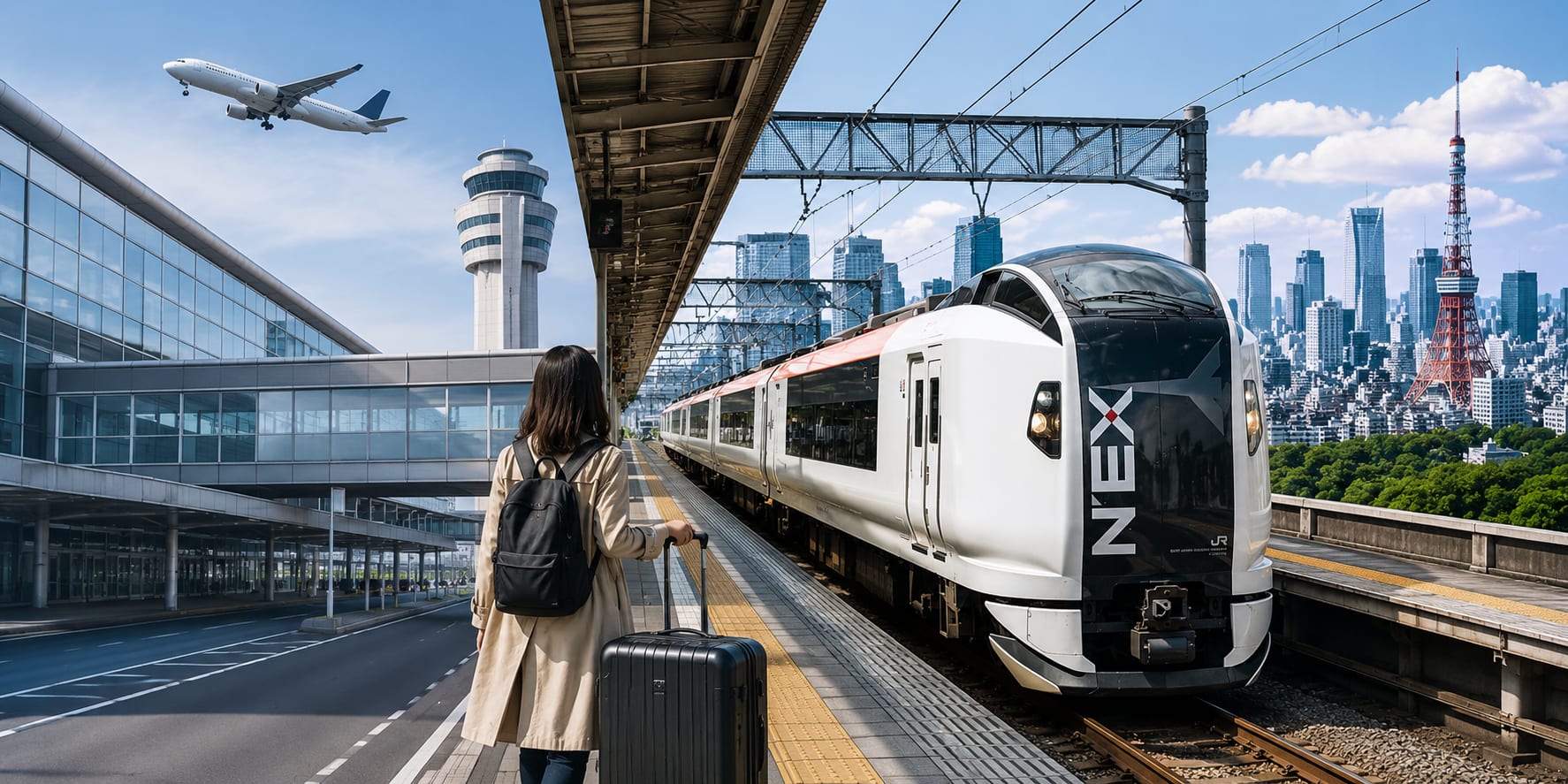 Traveler with luggage waiting for the N'EX Narita Express train on a platform, with a plane overhead and the Tokyo skyline and Tokyo Tower in the background